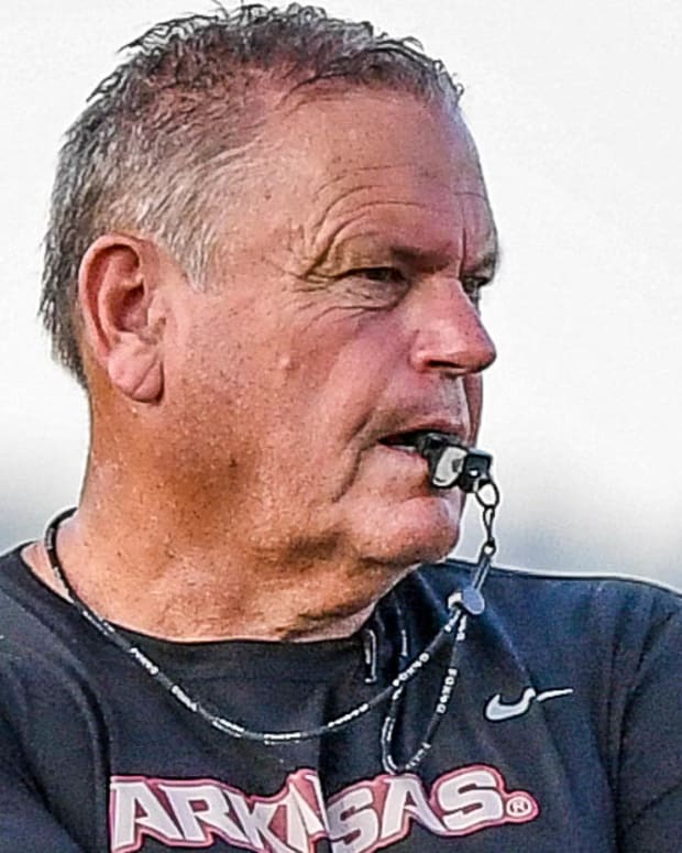 Razorbacks coach Sam Pittman on what little he was able to actually see live at practice Friday